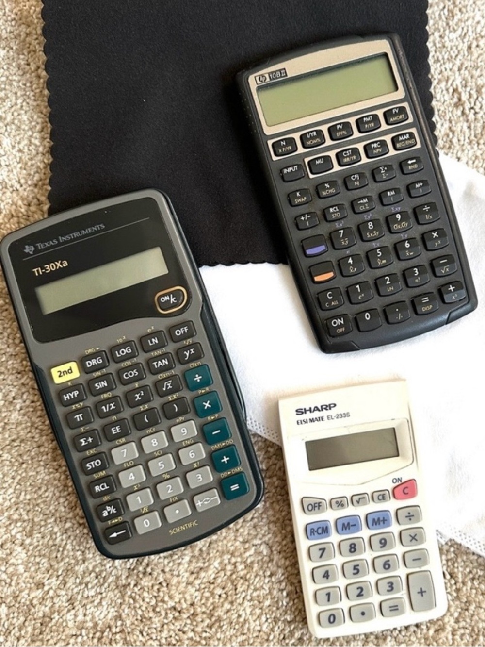 Lot of 3 Calculators with Screen Cleaning Cloth & Soft White Bag